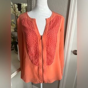 Bebe Silk Chiffon Zipper Front Blouse Small Bright Neon Orange Long Sleeve S